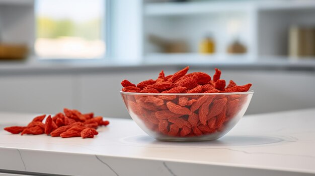 Baies de Goji séchées biologiques Illustration horizontale photoréaliste Snack énergétique végétarien sain Ai généré Illustration lumineuse avec de délicieuses baies de Goji séchées moelleuses