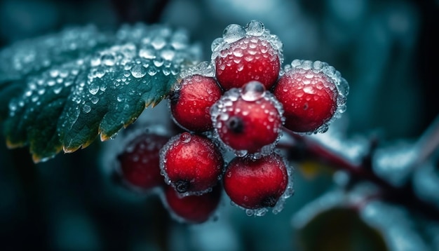 Baies mûres sur feuille humide rafraîchissante goutte de pluie générée par l'IA