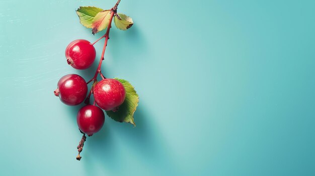 Des baies rouges sur une branche avec des feuilles vertes sur un fond bleu Les baies sont rondes et ont une texture brillante