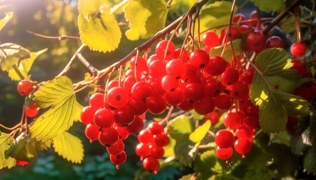 Baies rouges sur une branche avec le soleil qui brille à travers les feuilles