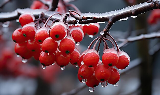 Des baies rouges congelées sur une branche sur un fond flou Focus doux sélectif