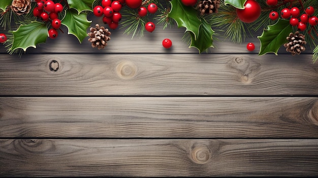 Les baies rouges enneigées et les branches de pin créent une bordure festive sur un fond en bois rustique