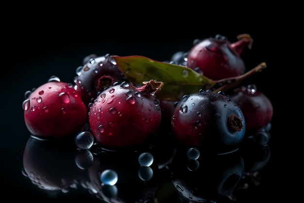 Baies rouges avec des feuilles vertes sur fond noir