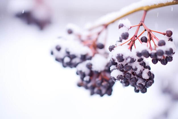 Des baies de saumon violet foncé recouvertes de neige douce