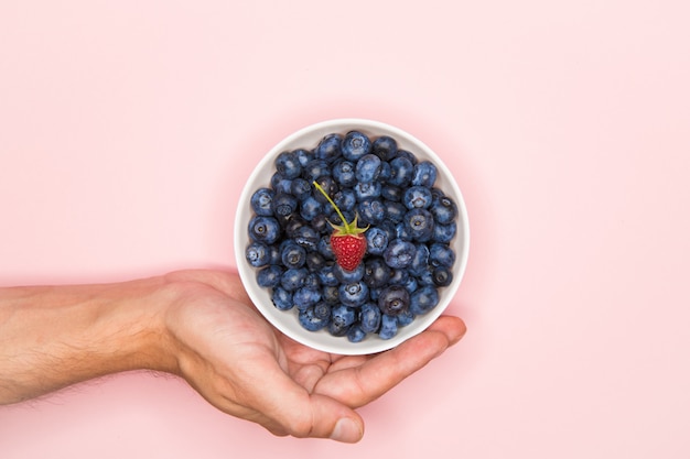 Baies sur une surface rose. Vue d'en-haut. Myrtilles dans un bol blanc sur une surface rose avec les mains. tenant des bleuets à deux mains. concept de vitamines