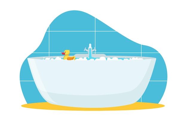 Baignade à bulles avec canard jouet jaune Jouet de caoutchouc de douche mignon dans de l'eau chaude avec du shampooing ou du gel Lavage dans la salle de bain Relaxation dans la baignoire Style plat de dessin animé concept intérieur vectoriel isolé