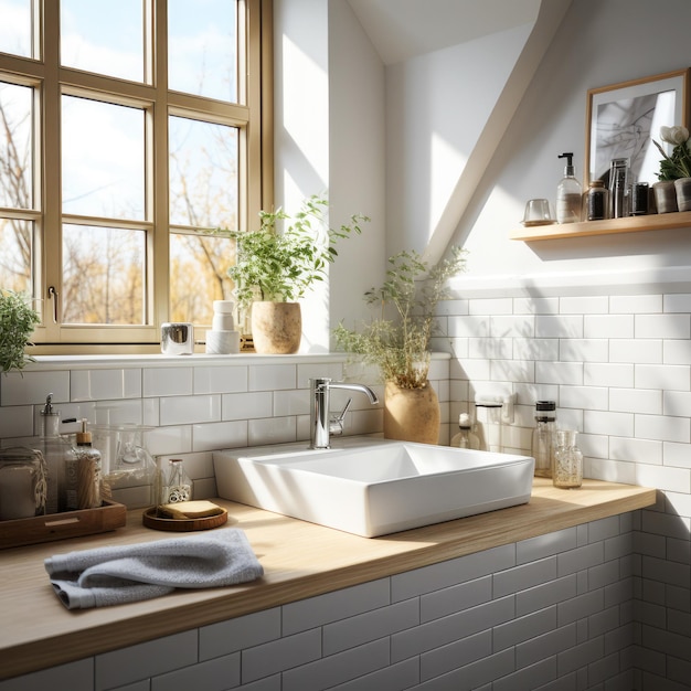 Baignade moderne dans le style scandinave avec de la verdure et de la lumière du soleil Concept de conception de salle de bain avec évier blanc comptoir en bois et mur de brique blanche généré par l'IA