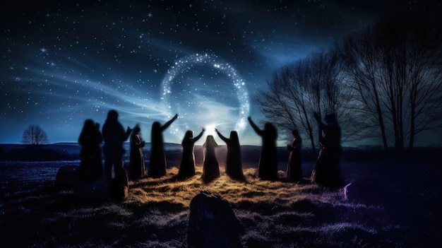Baigné dans la lumière éthérée de la lune, un rituel ésotérique a lieu où les participants exploitent le pouvoir du symbolisme Généré par l'IA