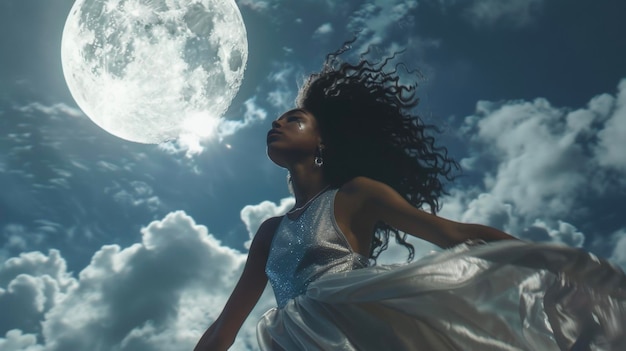 Baignée dans le clair de lune éthérique, une jeune femme noire pose dans une robe argentée qui semble se balancer.