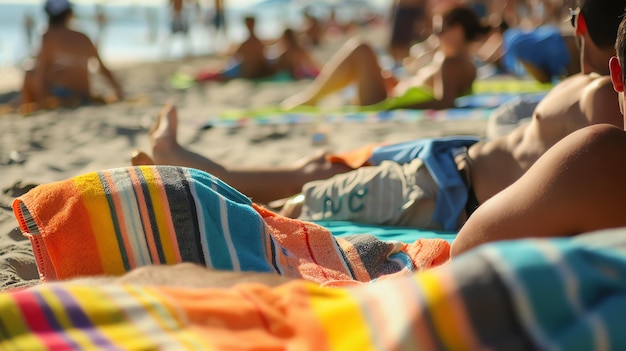 Photo les baigneurs se couchent sur des serviettes sur une plage bondée. l'accent est mis sur les serviettes colorées et le sable.