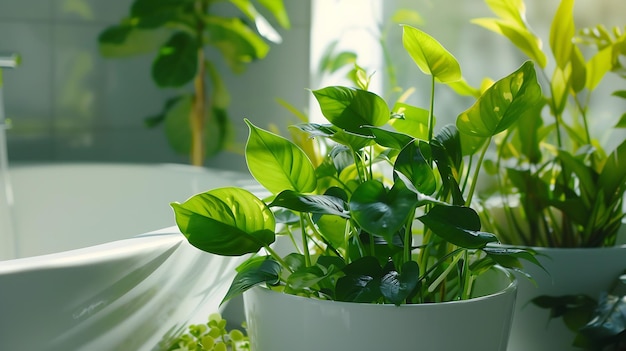 Une baignoire blanche moderne et de belles plantes d'intérieur vertes dans la salle de bain Design d'intérieur IA générative