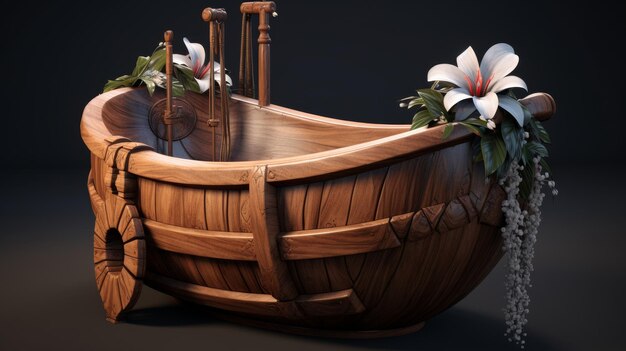 Une baignoire en bois avec des fleurs
