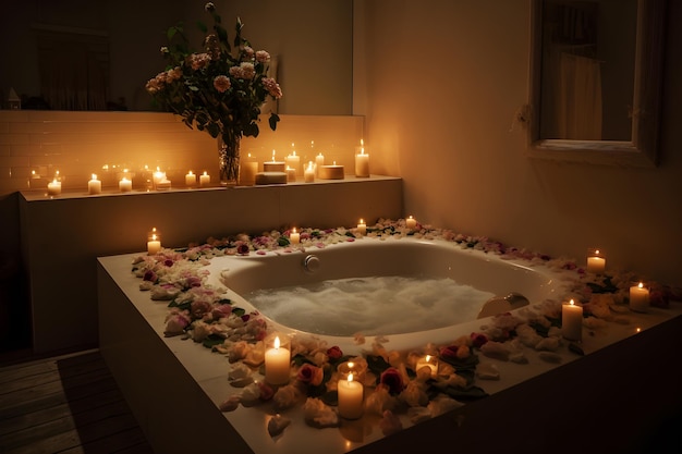 Une baignoire avec des bougies et des bougies en arrière-plan