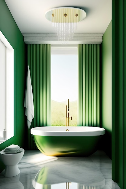 Une baignoire en céramique blanche indépendante, un robinet de douche en chrome, un rideau de joie soufflant à la lumière du soleil.