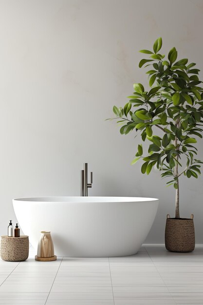 Une baignoire dans une salle de bain moderne avec une grande plante en pot