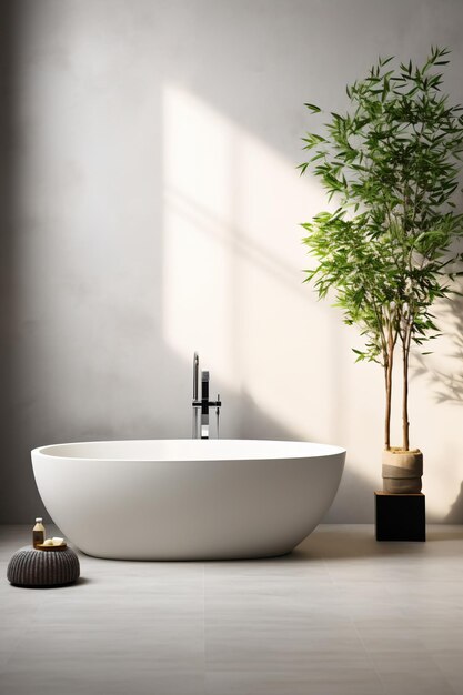 Baignoire dans une salle de bains lumineuse avec une plante