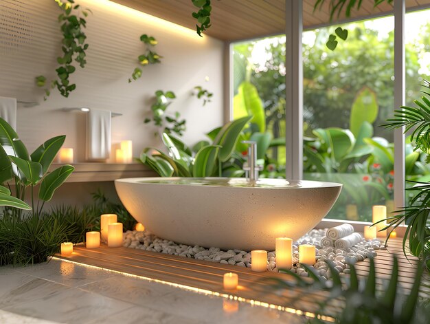 Photo une baignoire en forme de bol entourée de bougies et de plantes dans une pièce avec de grandes fenêtres et une vue sur