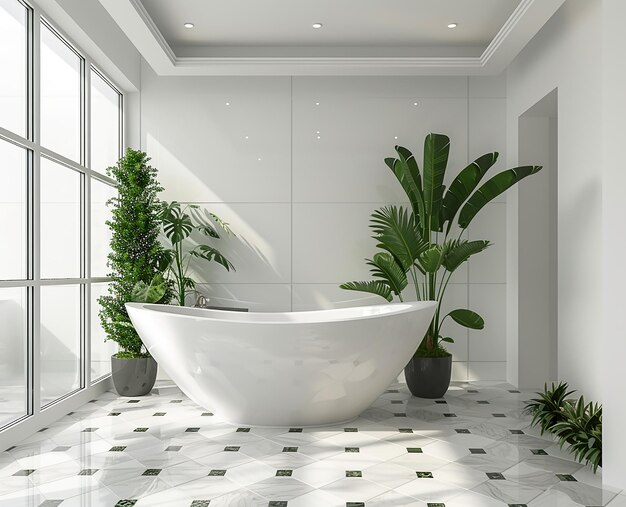 une baignoire avec des plantes sur le sol et une plante dans le coin
