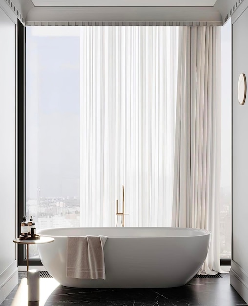 une baignoire avec une serviette blanche sur le sol et une fenêtre avec le rideau ouvert