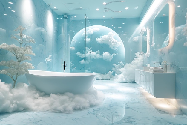 Un bain fantastique dans les nuages L'intérieur de la salle de bain surréaliste illustration 3D