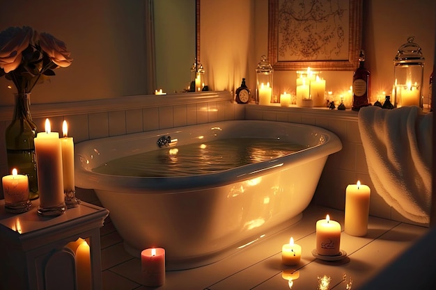 Bain de soirée romantique dans la salle de bain avec des bougies créées avec une IA générative