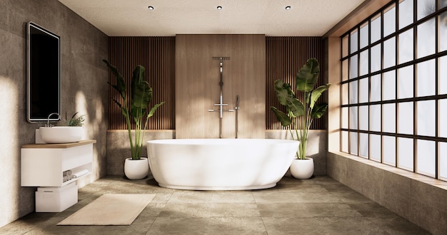 Le bain et les toilettes de la salle de bain rendu 3D de style japonais wabi sabi