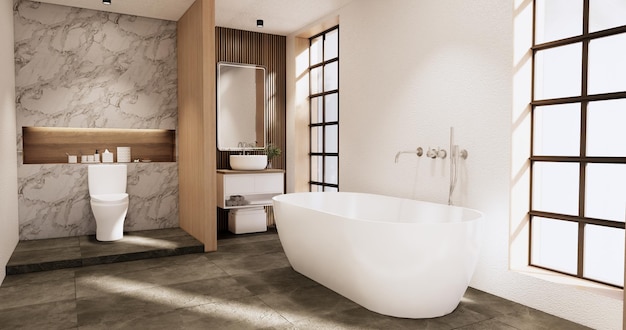 Le bain et les toilettes de la salle de bain rendu 3D de style japonais wabi sabi