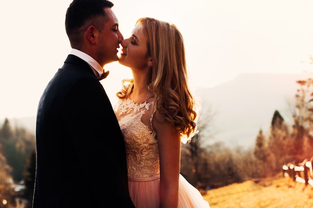 Baiser Des Jeunes Mariés Sur La Mariée Des Montagnes Avec Une Belle Coiffure Et Une Robe En Dentelle