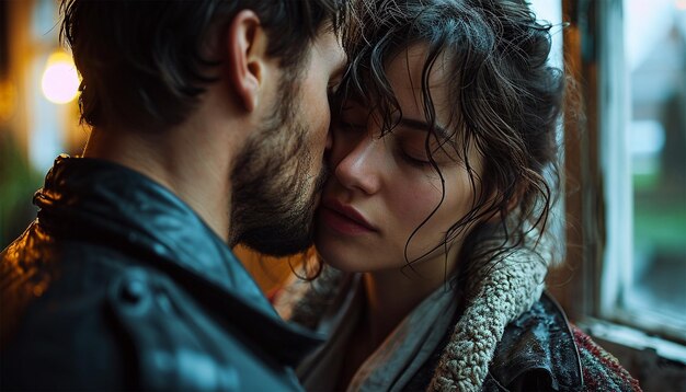 Photo des baisers tendres un jeune couple, un homme et une femme, s'embrassent sous la pluie sur un fond bleu