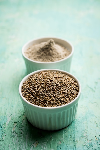 Bajra, millet perlé ou grains de sorgho avec sa farine ou sa poudre dans un bol, mise au point sélective