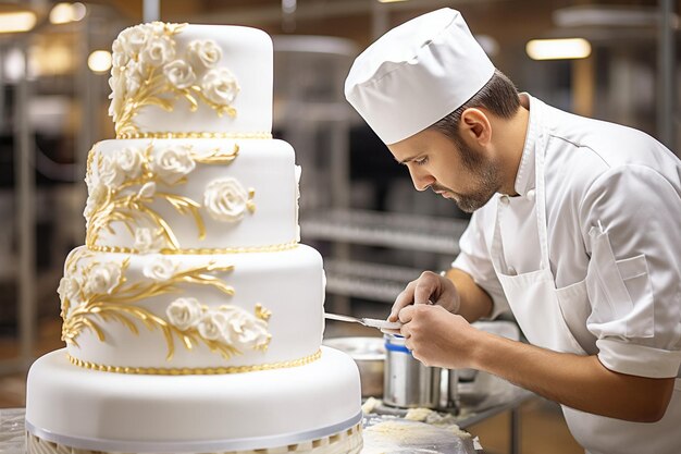 Baker peint des accents dorés sur un gâteau au fondant