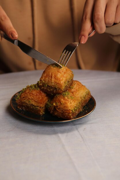 Baklava dessert turc traditionnel avec noix de cajou, noix. Baklava maison aux noix et au miel.