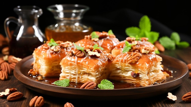 Baklava fraîchement cuit un dessert turc sucré servi sur une assiette