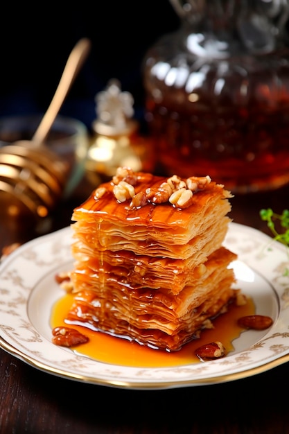 Photo baklava avec des noix et du miel sur la table focus sélectif