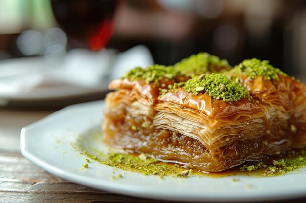 Photo baklava avec noix de pistache sur assiette dessert en couches fait de pâte filo et sucré avec du sirop ou du miel