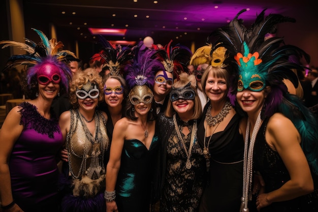 Bal de mardi gras avec des invités portant des masques et des robes élégants créés avec une IA générative