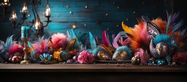 Bal masqué élégance bougies d'or vintage et masques de plumes vives au milieu d'une cascade florale