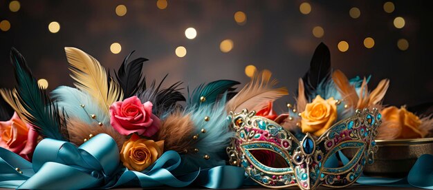 Bal masqué élégance bougies d'or vintage et masques de plumes vives au milieu d'une cascade florale