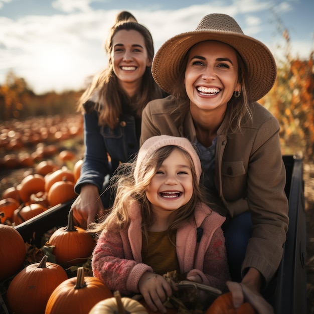 Balade en foin à travers un champ de citrouilles en famille