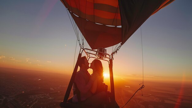 Photo une balade en montgolfière au coucher du soleil un couple s'embrasse dans un ballon d'air chaud le soleil se couche derrière eux le ciel est orange et les nuages sont roses