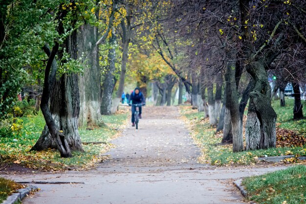 Balade à vélo dans le parc d'automne. Mode de vie actif. L'automne en ville