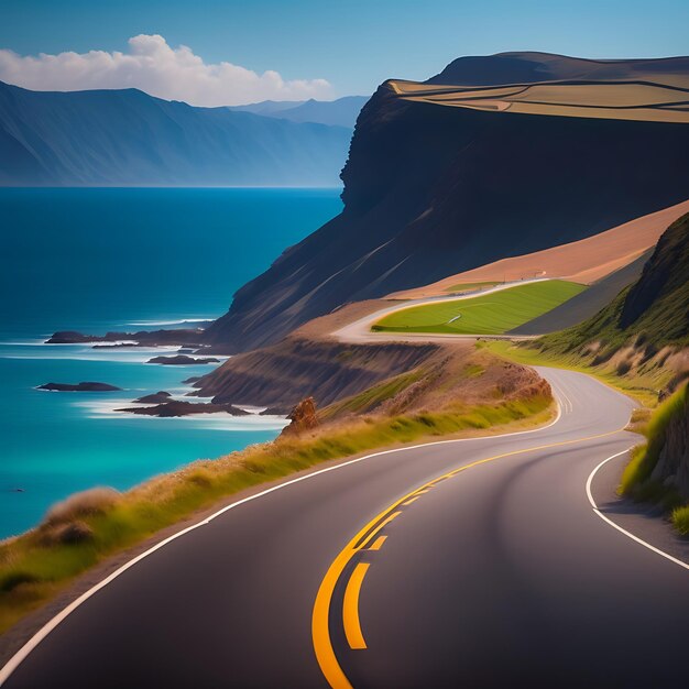 Balade à vélo le long de la route côtière Faire du vélo sur les falaises au-dessus de l'océan avec des montagnes