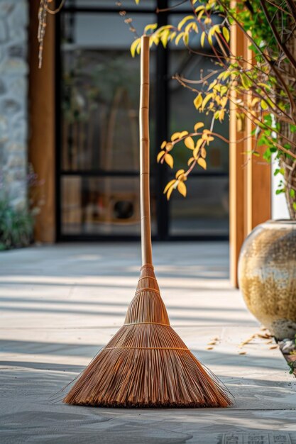 Photo un balai à côté d'une plante en pot adapté aux thèmes du ménage ou du jardinage