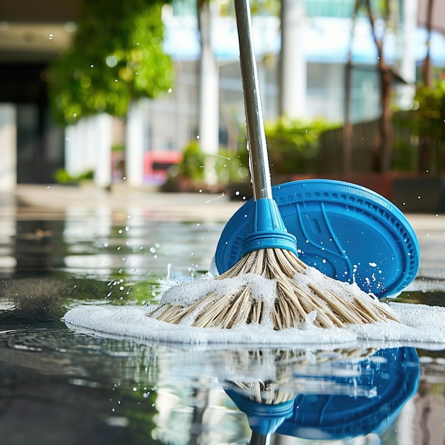 Photo un balai est dans l'eau et le mot nettoyage est dans la rue