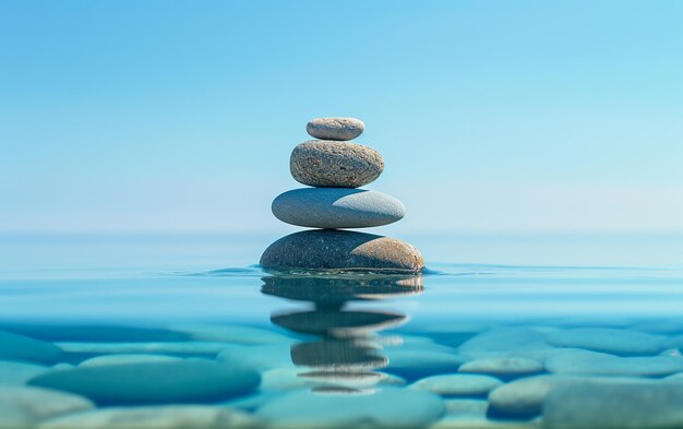 Balance de galets sur un fond d'eau bleue