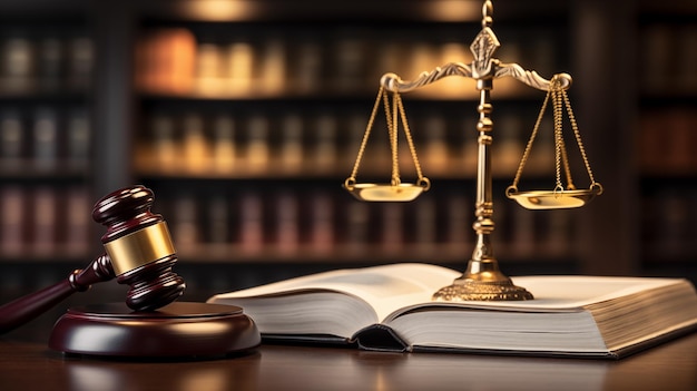 La balance de la justice et le marteau des juges sur le bureau des avocats