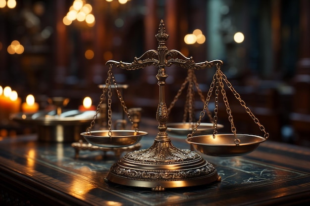 Balance de la justice sur une table en bois dans l'église Concept de droit et de justice
