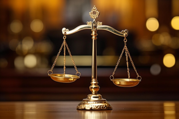 Balance de justice sur table dans la salle d'audience Concept de droit et de justice