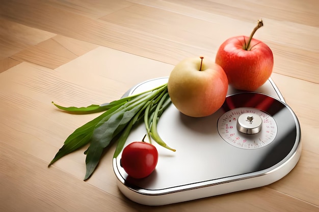 Une balance avec des pommes et d'autres fruits dessus