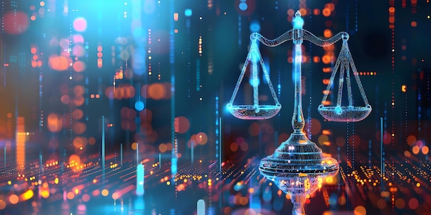 Les balances de justice équilibrant les serveurs de données illustrant le droit numérique et la jurisprudence moderne Concept Confidentialité des données Droit numérique Jurisprudence La technologie des serveurs de balance de justice